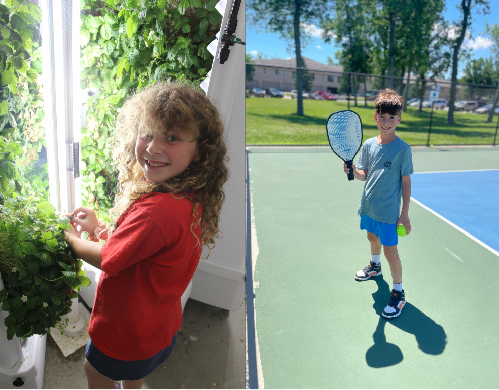 a girl standing by a hydroponic plant stand and a boy with a pickleball racket standing on a pickleball court